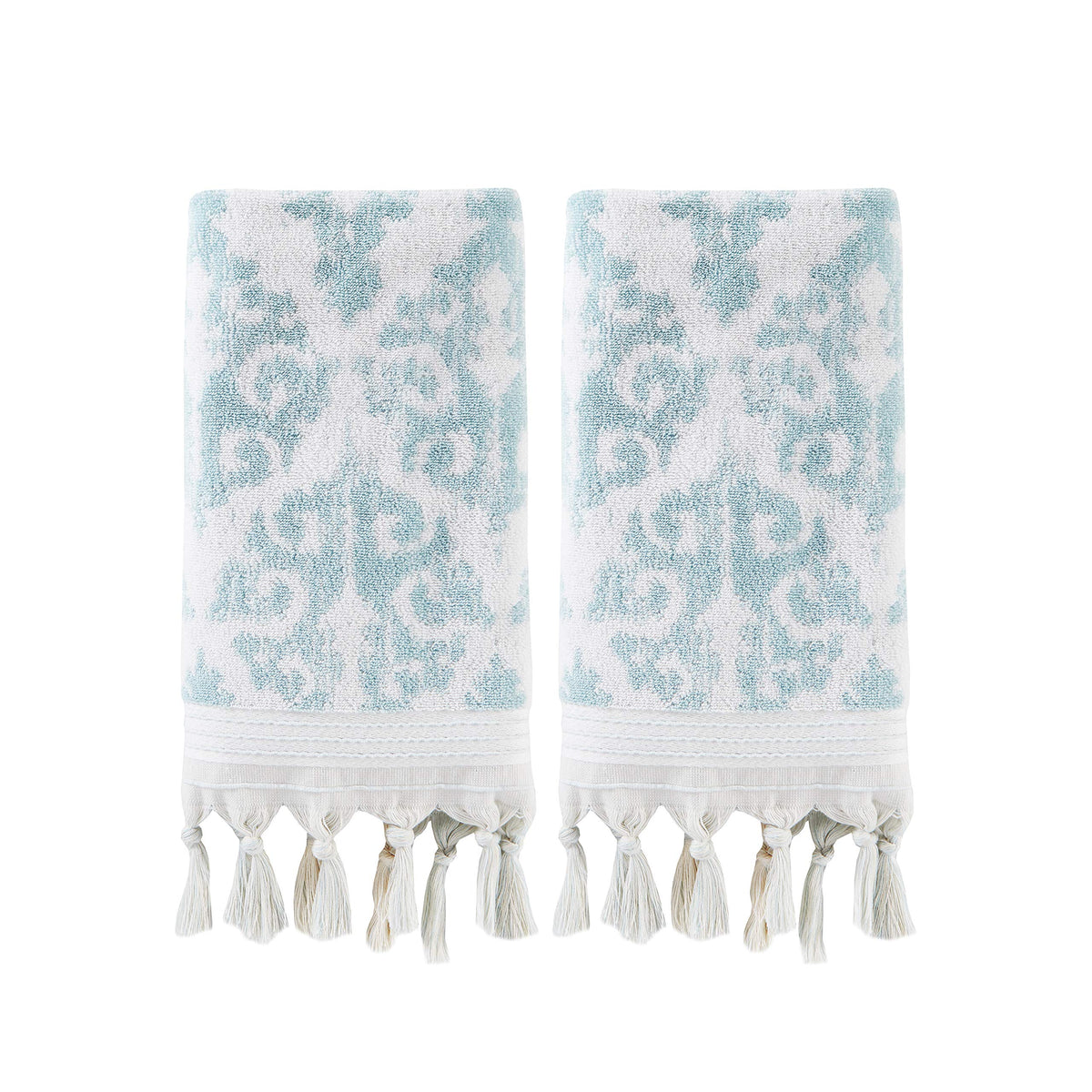 SKL Home Mirage Fringe hand towel in aqua with tassel detailing for luxury use