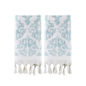 SKL Home Mirage Fringe hand towel in aqua with tassel detailing for luxury use