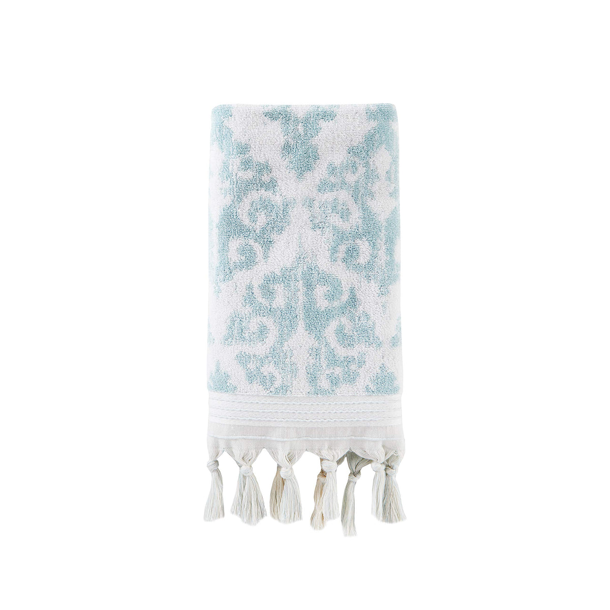 Closeup of Mirage Fringe tassels on aqua towel showing craftsmanship