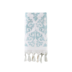 Closeup of Mirage Fringe tassels on aqua towel showing craftsmanship