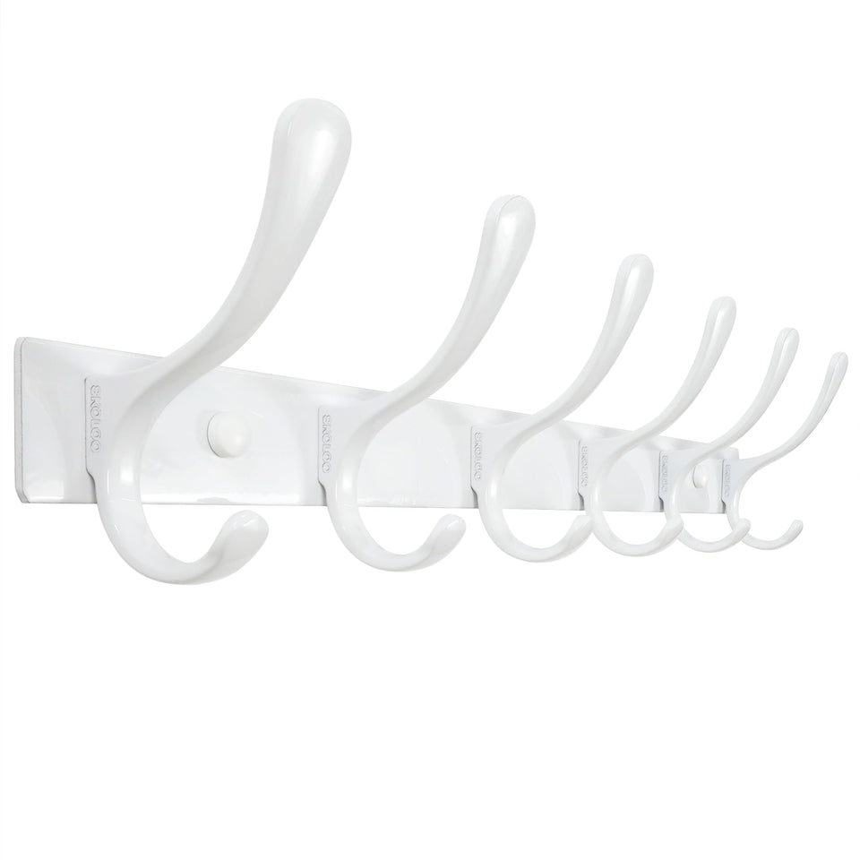 SKOLOO heavy duty wall mount coat rack with 6 hooks in white, ideal for entryways