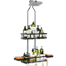 Skyapex over-head shower caddy keeps tall bottles within reach for easy access.