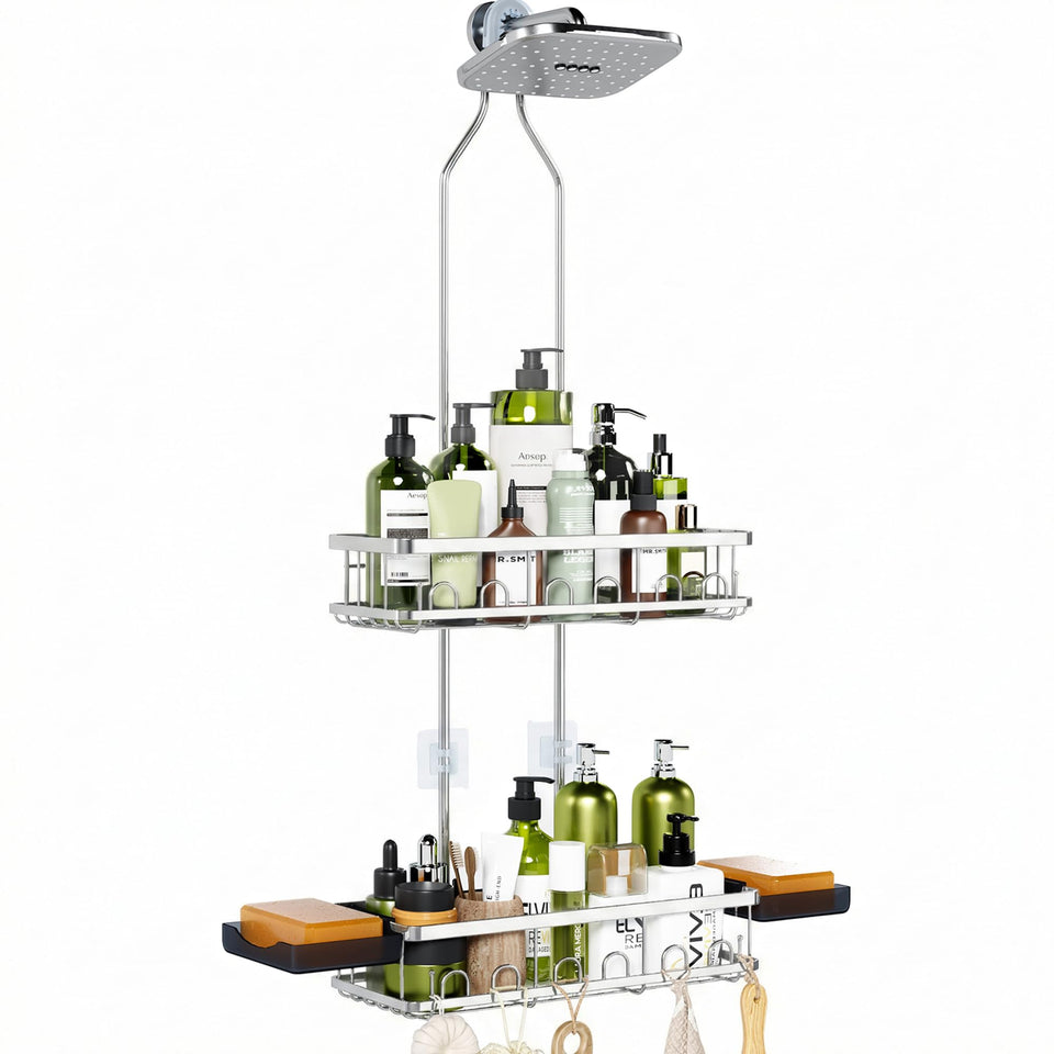 Skyapex shower caddy adjustable height for tall bottles and easy reach.