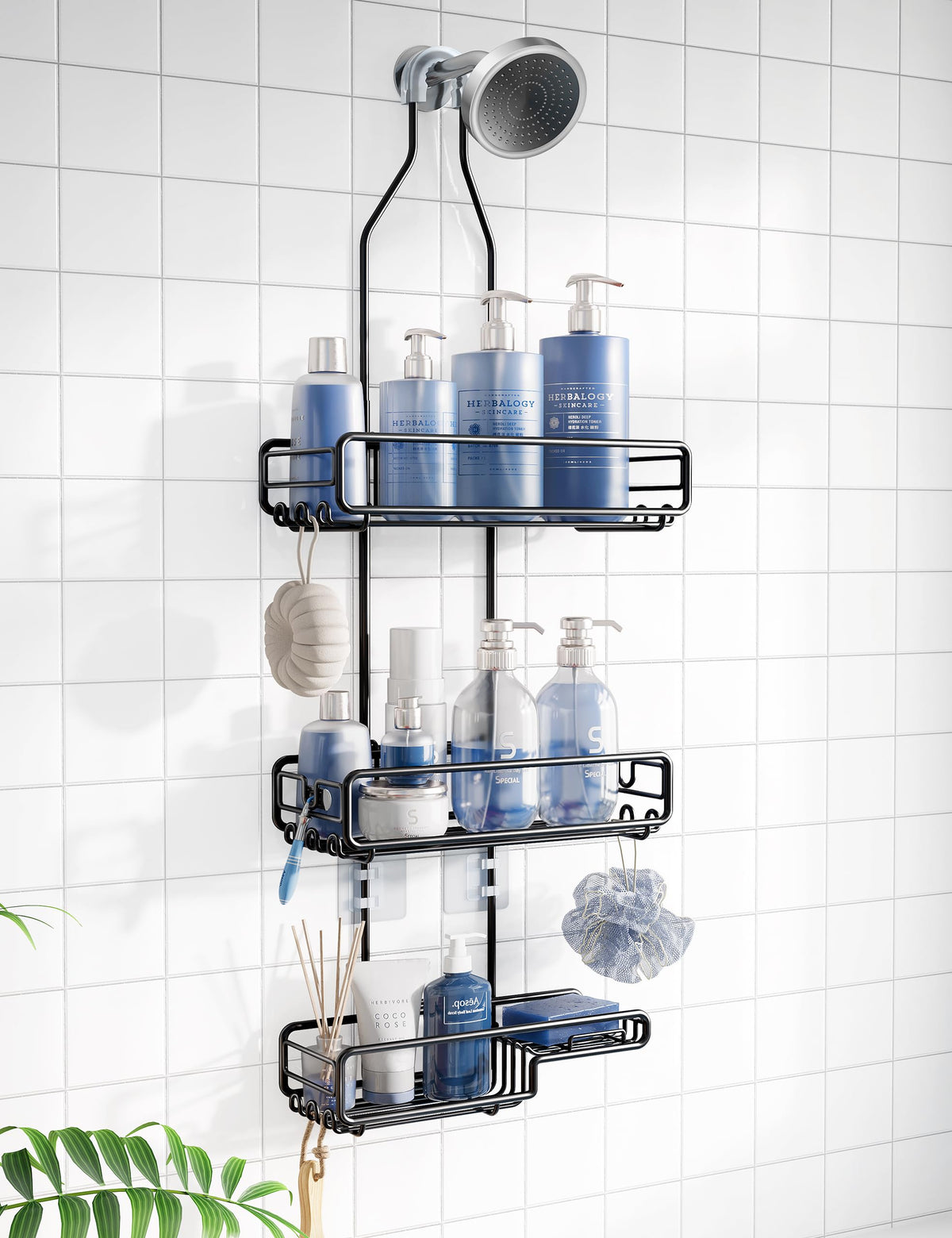 Skyapex shower caddy overhead grip keeps tall bottles stable for easy reach.