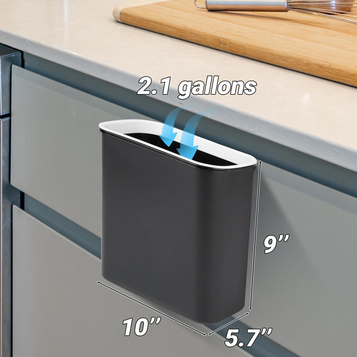 Skyflame trash bin with adhesive hooks hanging beside cabinet for flexible placement.