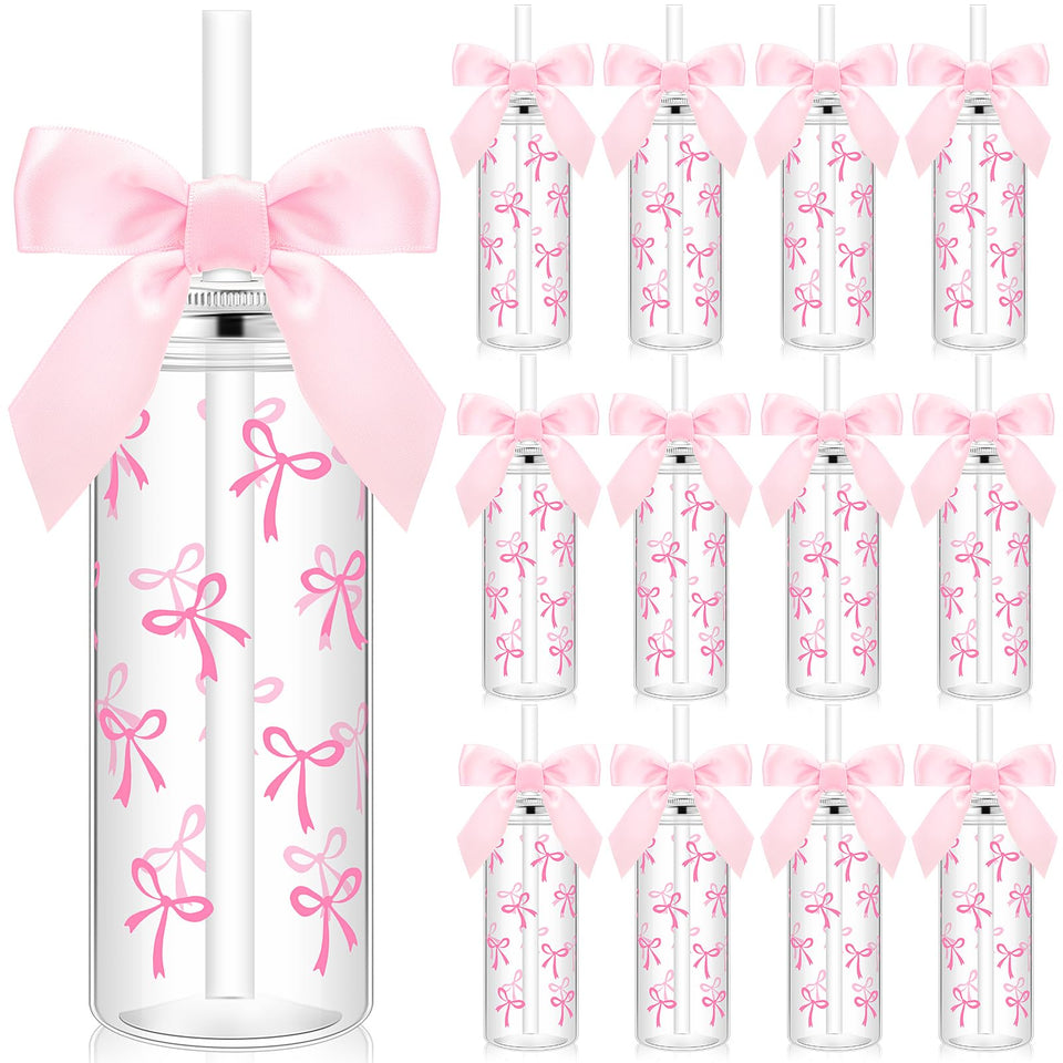 Skylety 12-pack pink bow bottle with straw, ideal for party favors