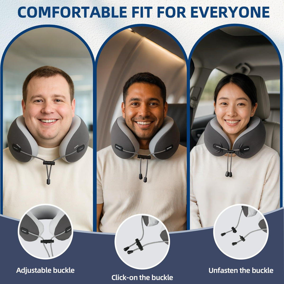SKYTRAX COMF ergonomic side-sleeper design cradles the head for stable rest.