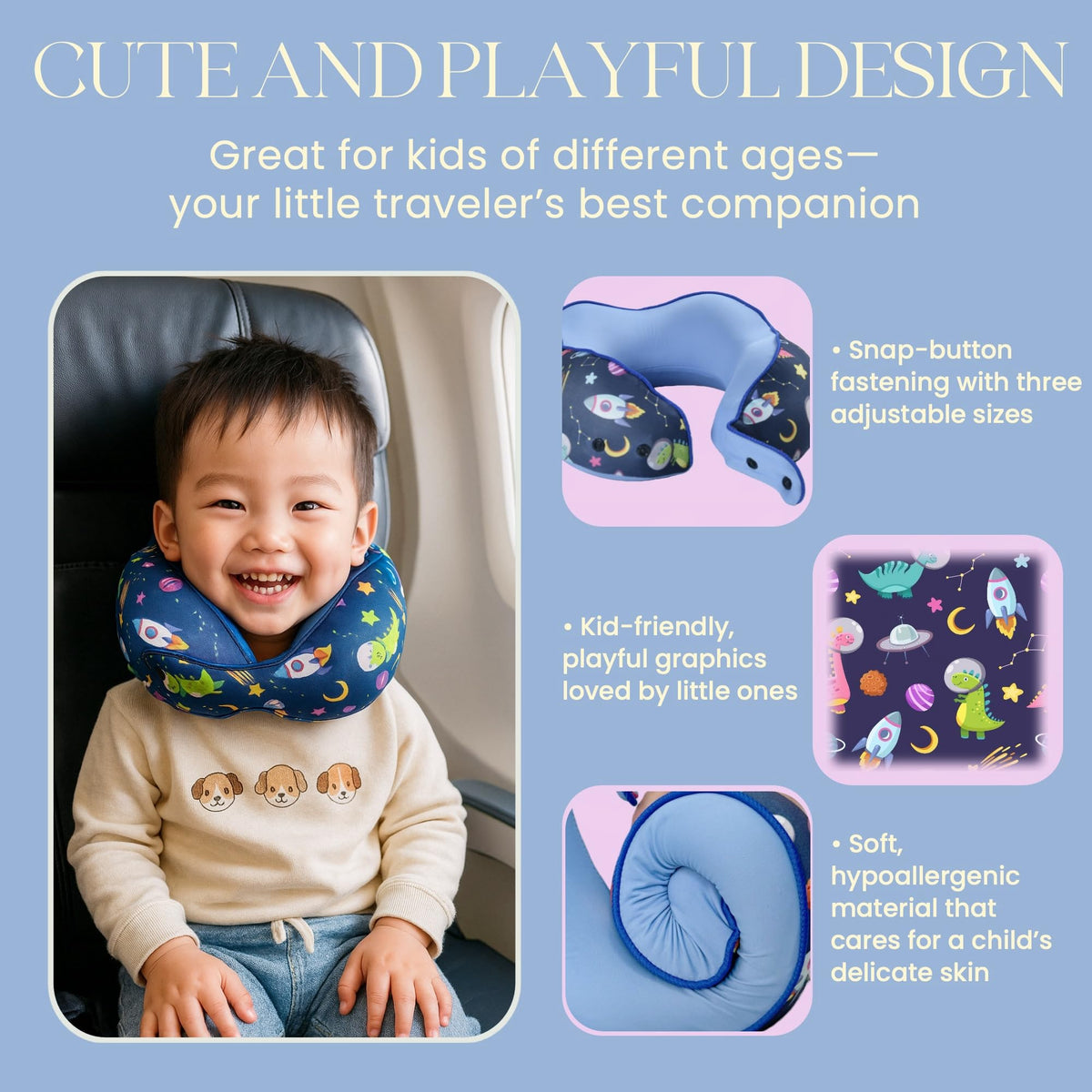 SKYTRAX COMF dinosaur neck pillow in cabin for upright support.