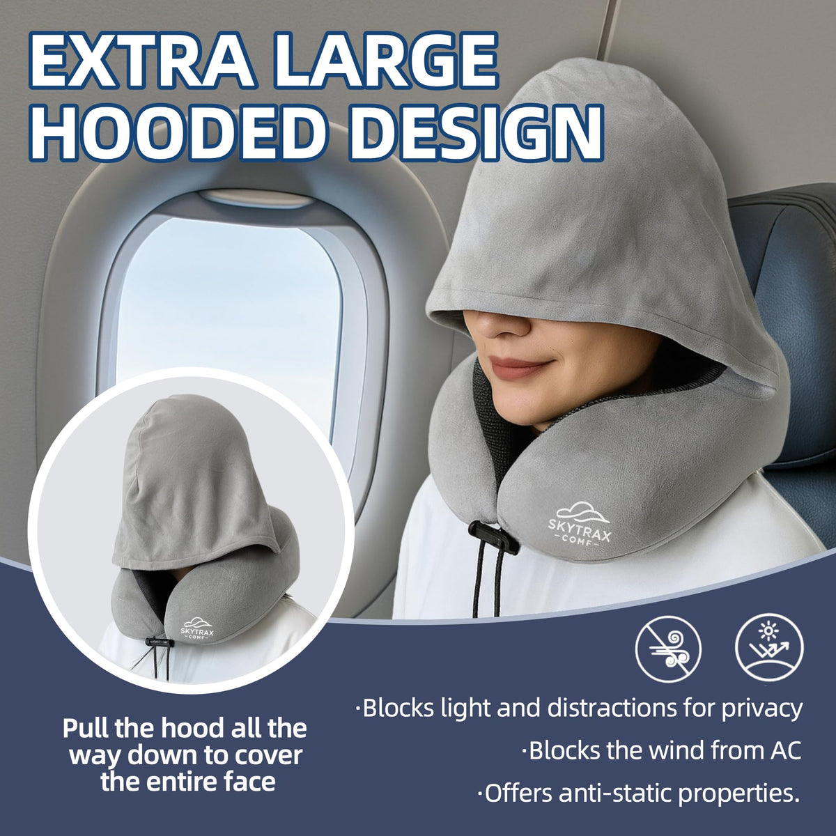 SKYTRAX COMF memory foam neck pillow conforms to neck for supported rest