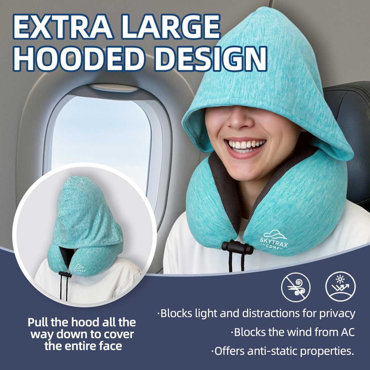 Skytrax Comf memory foam provides neck support on planes, trains, and cars.