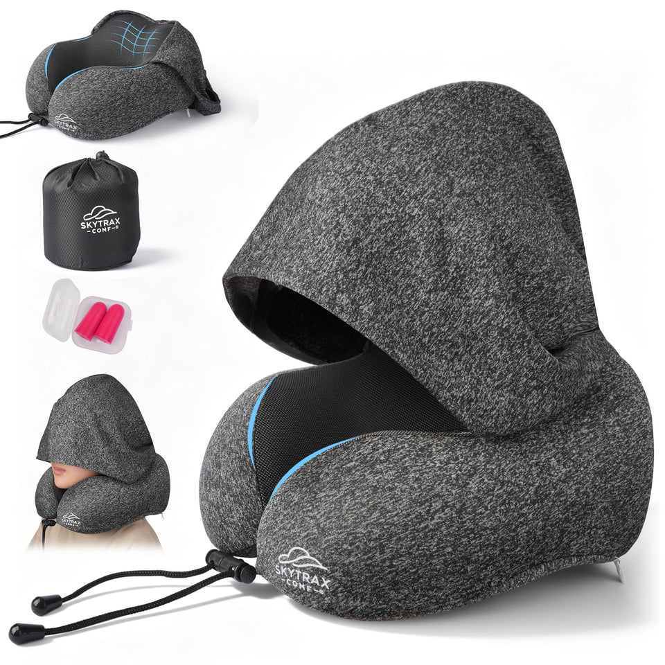 Skytrax Comf travel pillow with privacy hood shields light for restful plane moments.