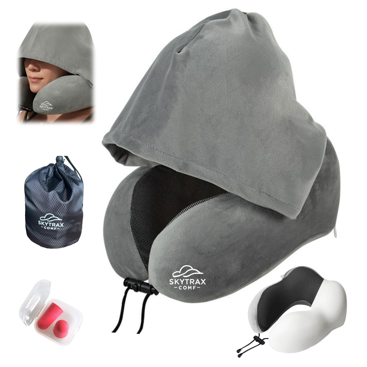 SKYTRAX COMF travel pillow with hood blocks light for privacy during flights