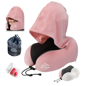 Skytrax Comf travel pillow with hood shields light for peaceful flights