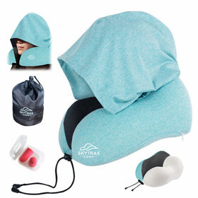 Skytrax Comf travel pillow hood offers privacy and comfort during long flights.