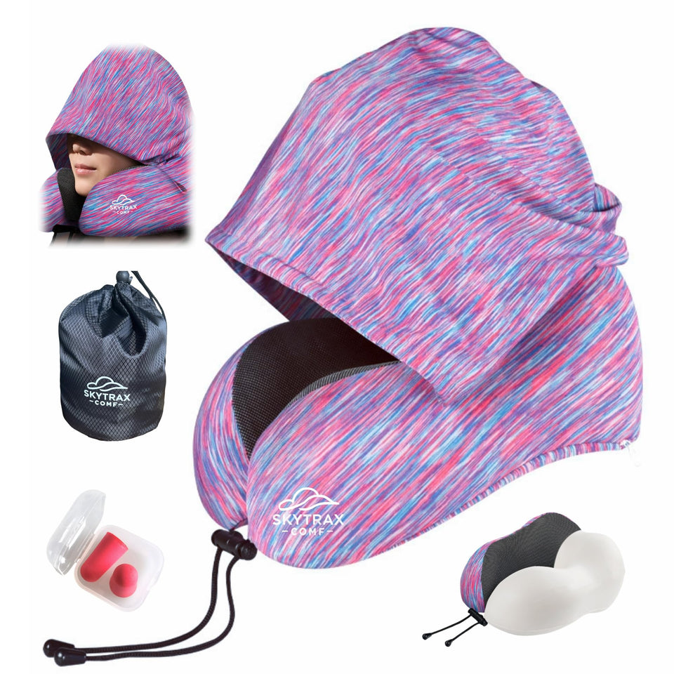 Skytrax Comf travel pillow with hood delivers privacy and cozy support on flights.