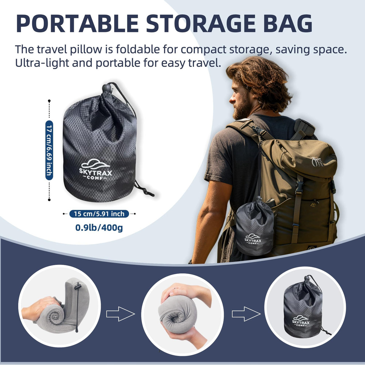 SKYTRAX COMF travel pillow with pouch for easy packing on trips