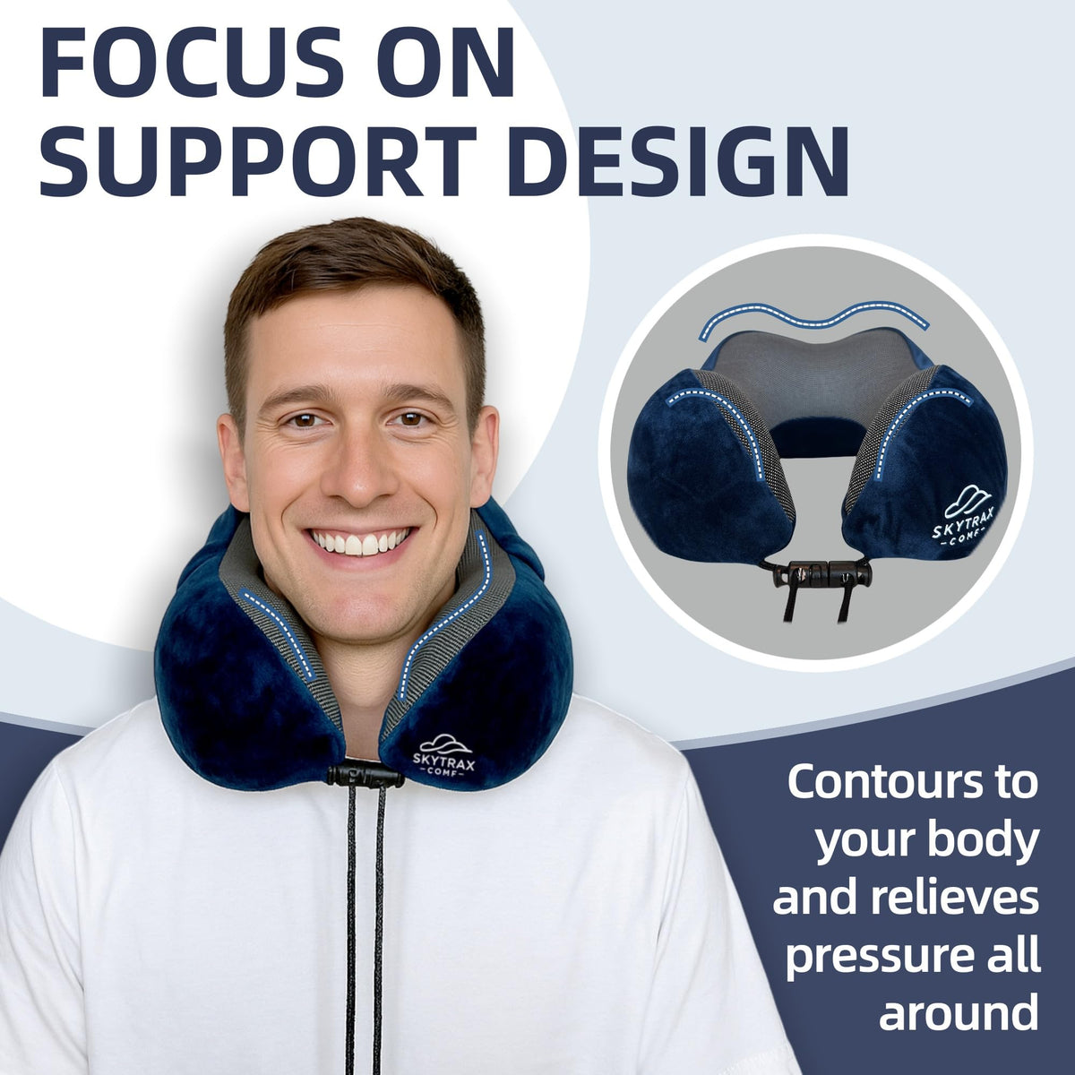 SKYTRAX COMF anti-slip zipper design keeps the pillow in place during travel.