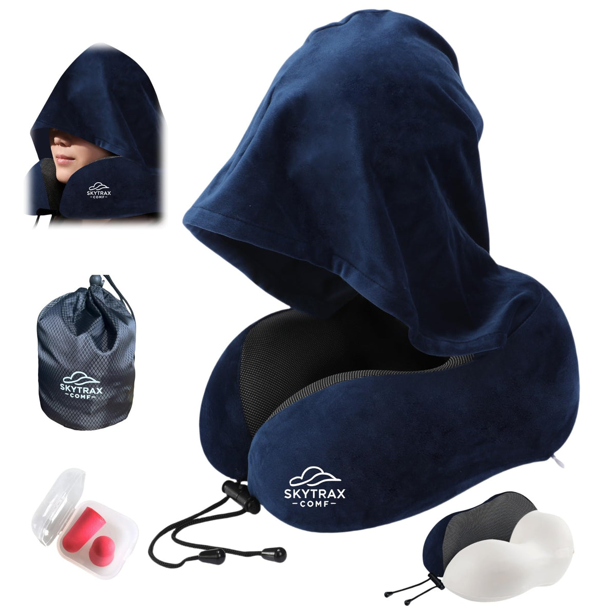 SKYTRAX COMF hooded travel pillow in navy provides privacy and neck support for flights.