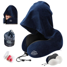 SKYTRAX COMF hooded travel pillow in navy provides privacy and neck support for flights.