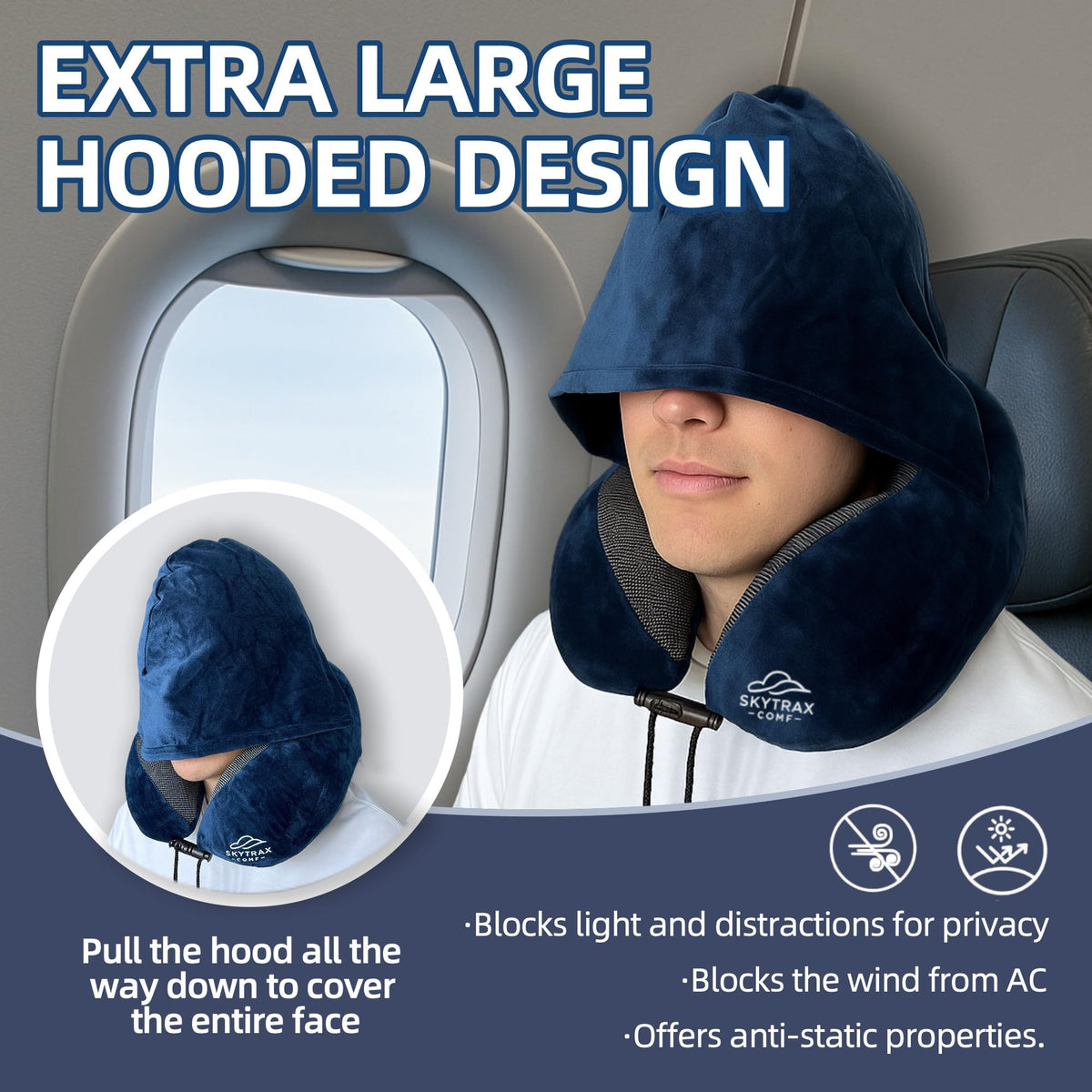 SKYTRAX COMF memory foam neck pillow contours to your neck for steady rest.