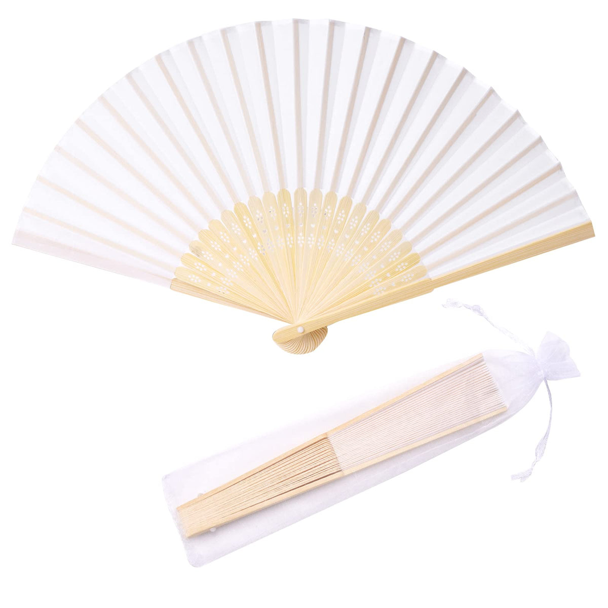 SL crafts white imitation silk hand fan with bamboo handle for elegant wedding favors.