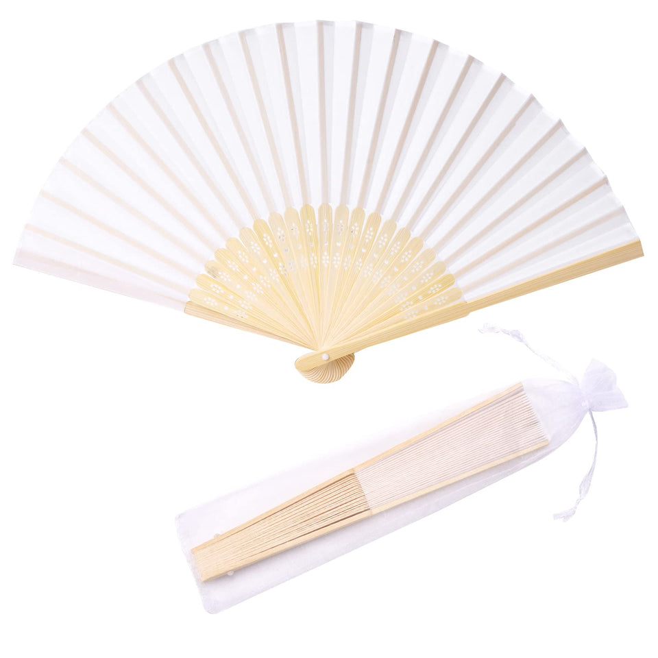 SL crafts white imitation silk hand fan with bamboo handle for elegant wedding favors.