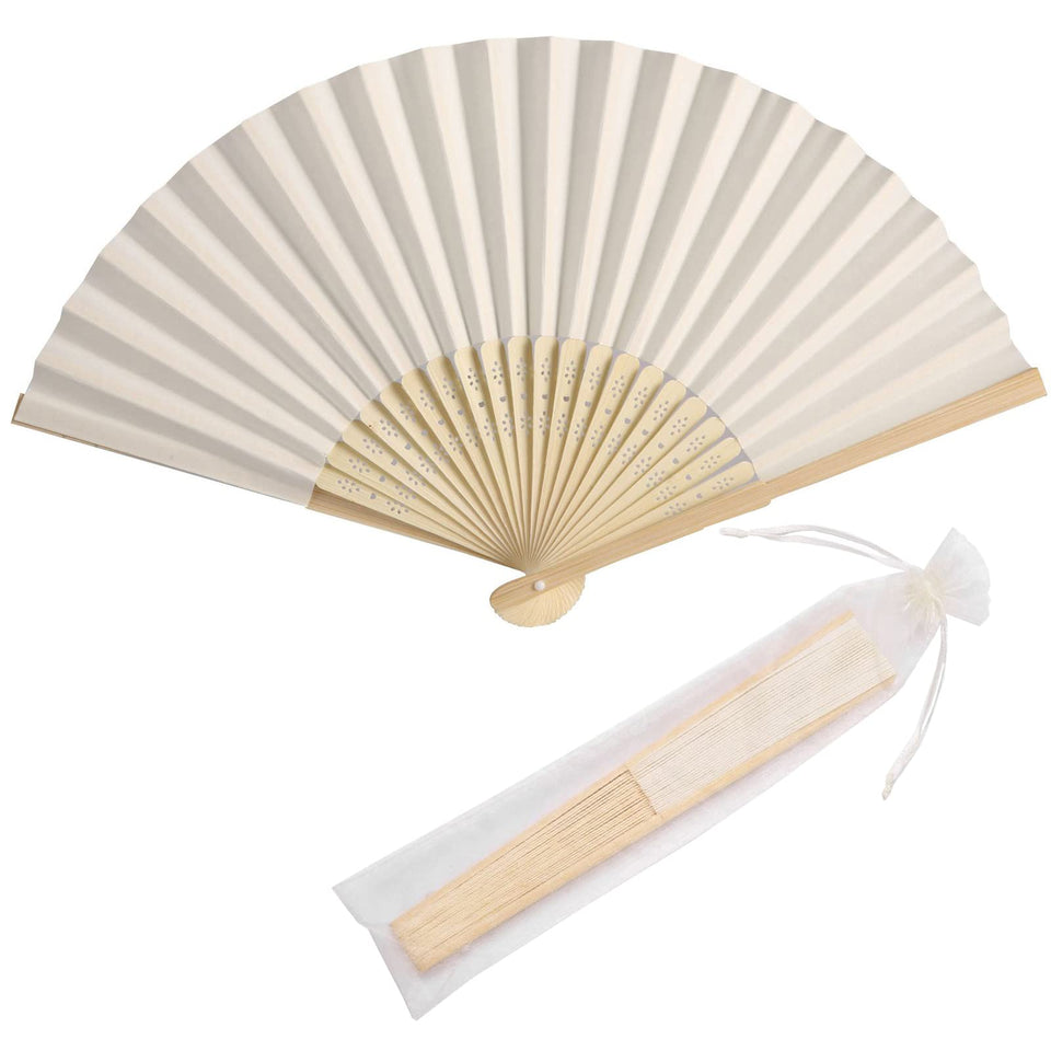 SL crafts 50 cream paper hand fans with organza bags set for weddings