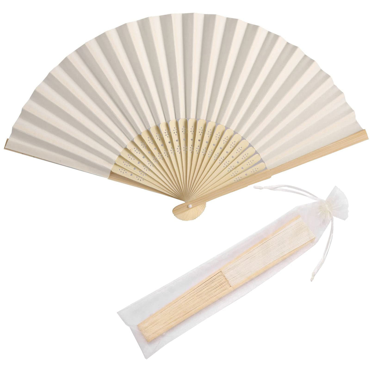 SL crafts 50 cream paper hand fans with organza bags set for weddings