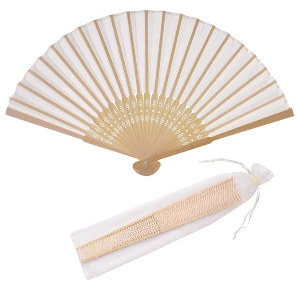 SL crafts imitation silk hand fan in cream, closed, ideal wedding favor.