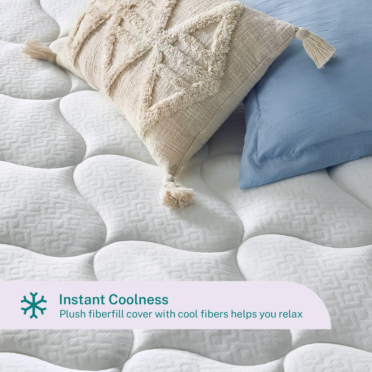 Queen-size topper on a bed showing generous coverage and fit