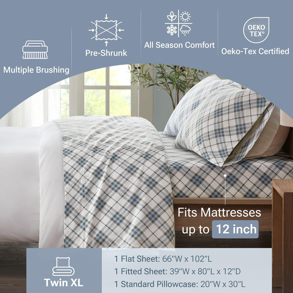 Sleep Philosophy True North blue plaid design for classic winter styling.