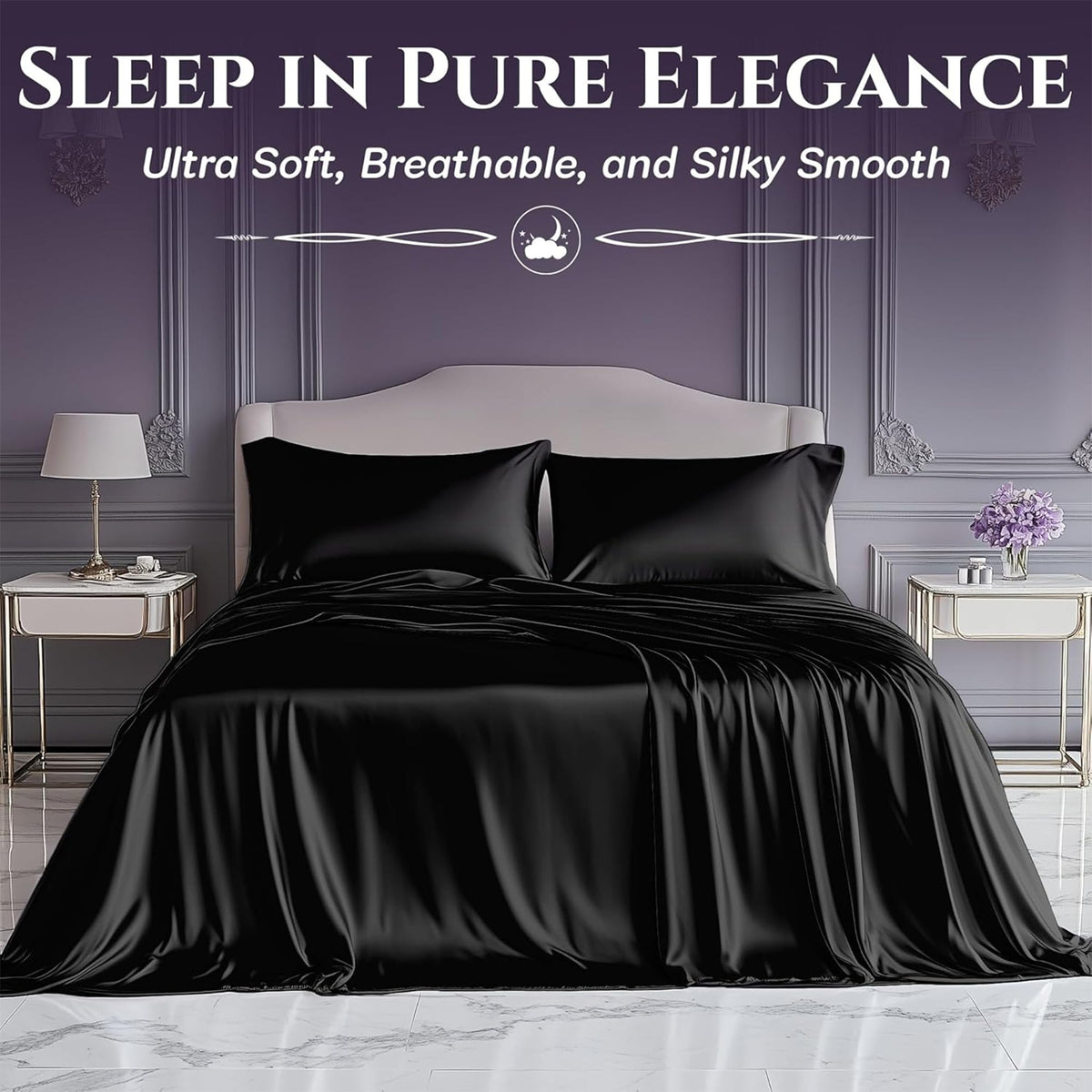 Sleep Sanctuary satin sheets on bed show generous drape and cooling texture.