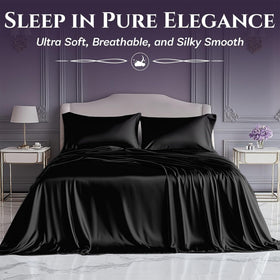Sleep Sanctuary satin sheets on bed show generous drape and cooling texture.
