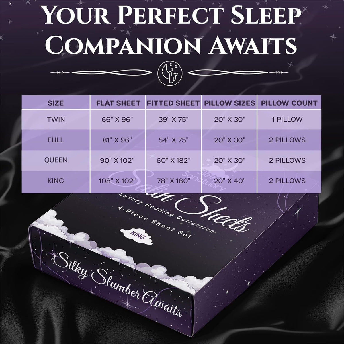 Sleep Sanctuary satin sheets in black add hotel-style sophistication.