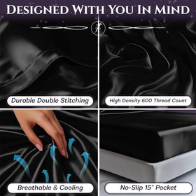 Sleep Sanctuary satin sheets queen bed scene highlighting breathable, lightweight satin in a cozy bedroom