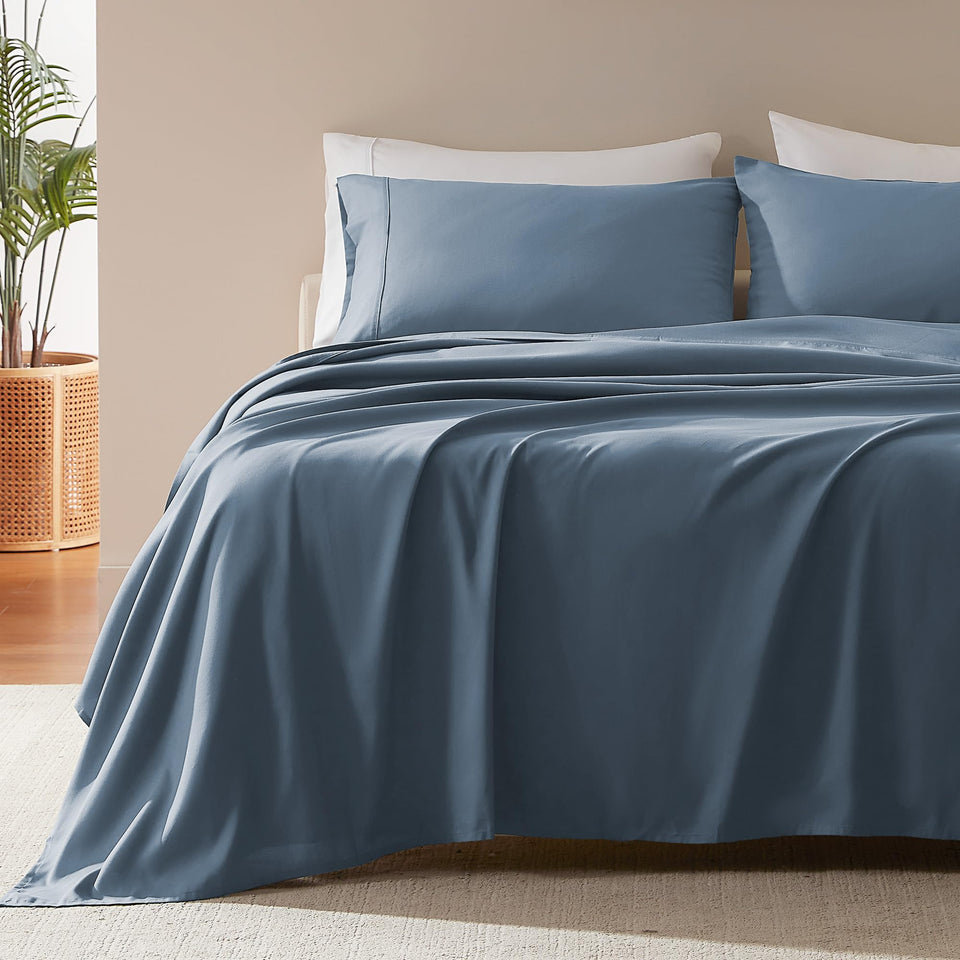 SLEEP ZONE queen sheet set in Flint Blue with close-up fabric detail for soft, breathable nights.