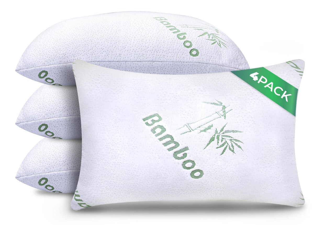 Sleepavo memory foam pillow queen 4-pack closeup with cooling shredded fill for lasting comfort.
