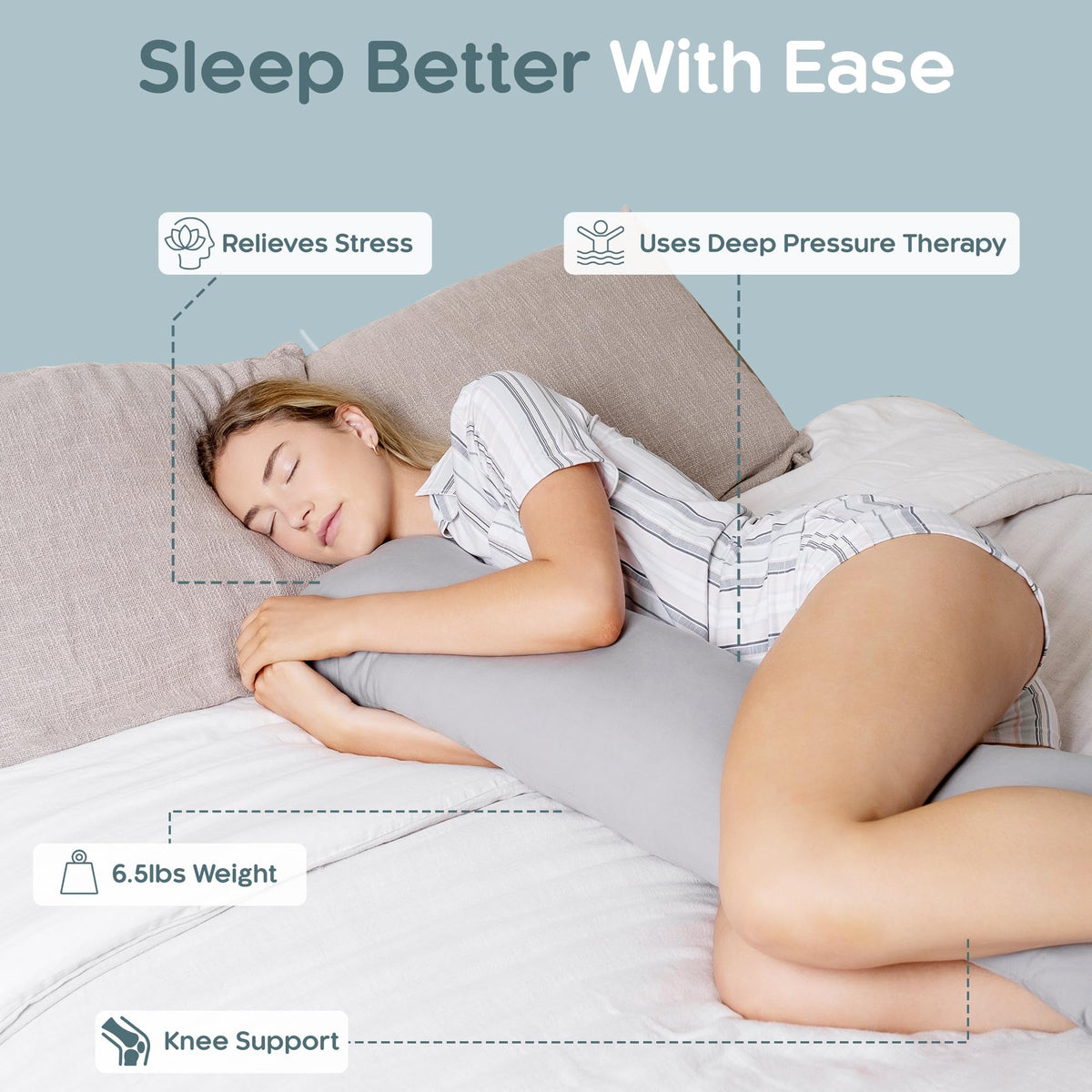 SleepCloud weighted body pillow side view highlighting long, supportive alignment for side sleepers