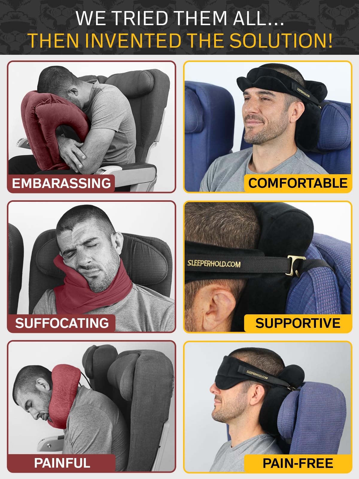 Sleeper Hold integrated eye mask blocks light for restful naps.