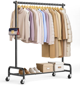 SLEEPING LAMB 43-wide rolling garment rack front view showing spacious hanging space.