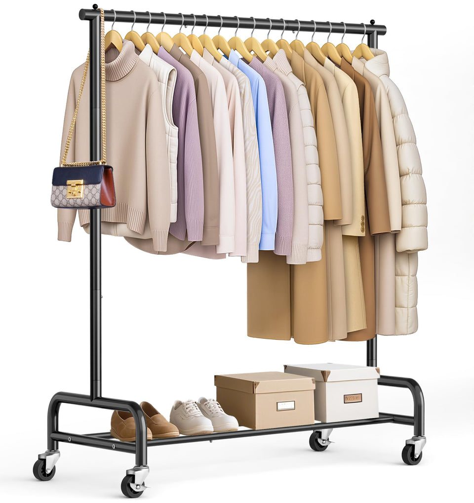 SLEEPING LAMB 43-wide rolling garment rack front view showing spacious hanging space.