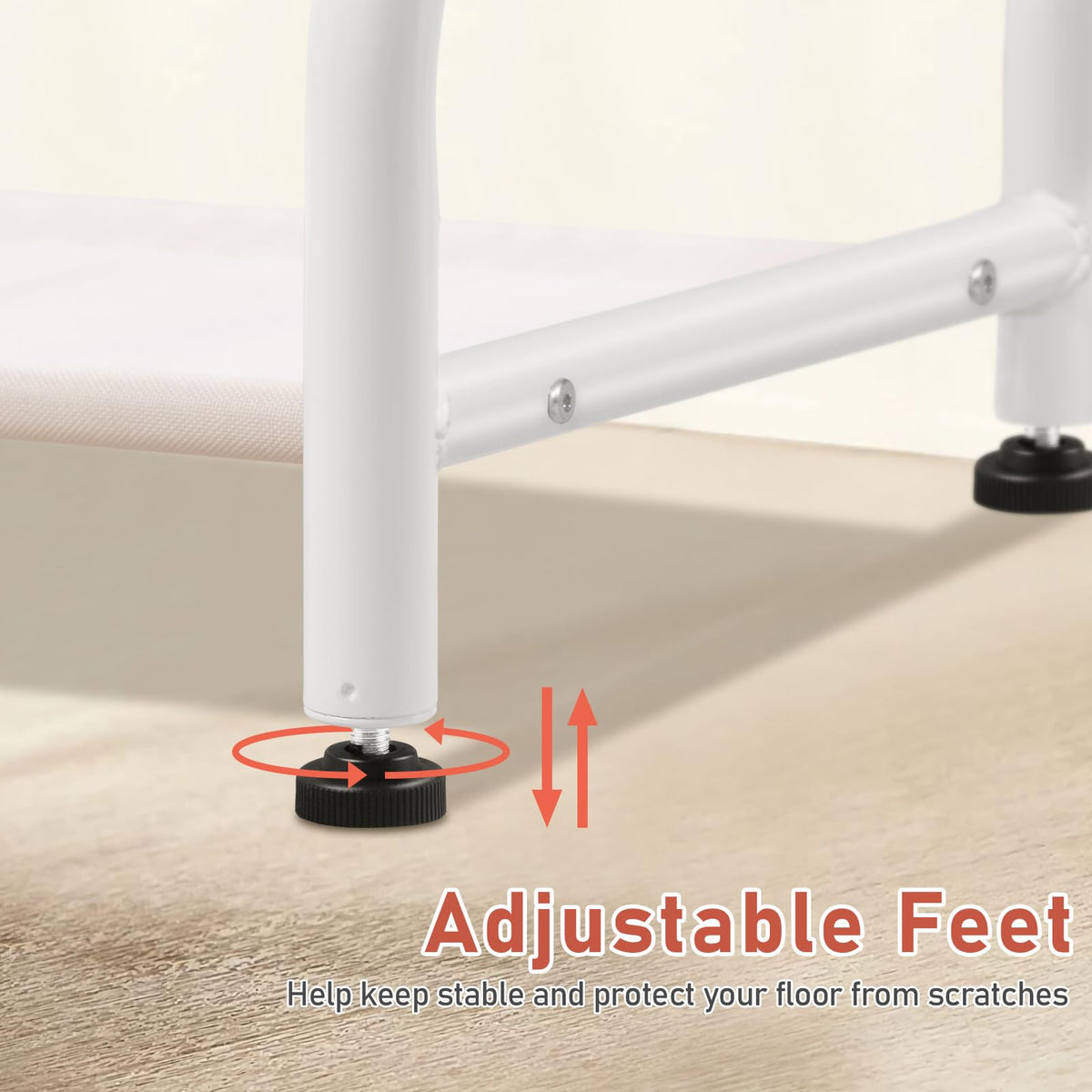Sleeping Lamb adjustable feet feature stabilizes the rack on uneven floors.