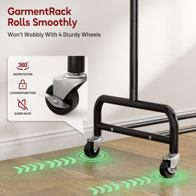 Adjustable middle rod on SLEEPING LAMB rack for flexible garment height.