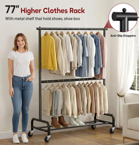 Double-rod design on SLEEPING LAMB rack supports 100 shirts or 60 coats.