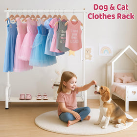 Sleeping Lamb dress up rack in playroom emphasizes accessible height for kids.