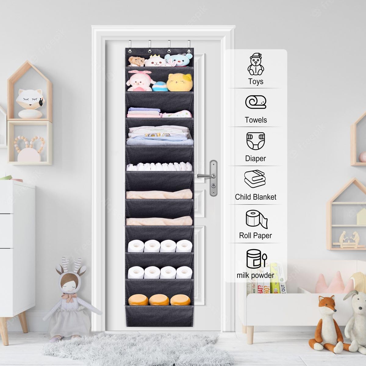 Sleeping Lamb durable oxford fabric resists tearing for long-lasting door storage.