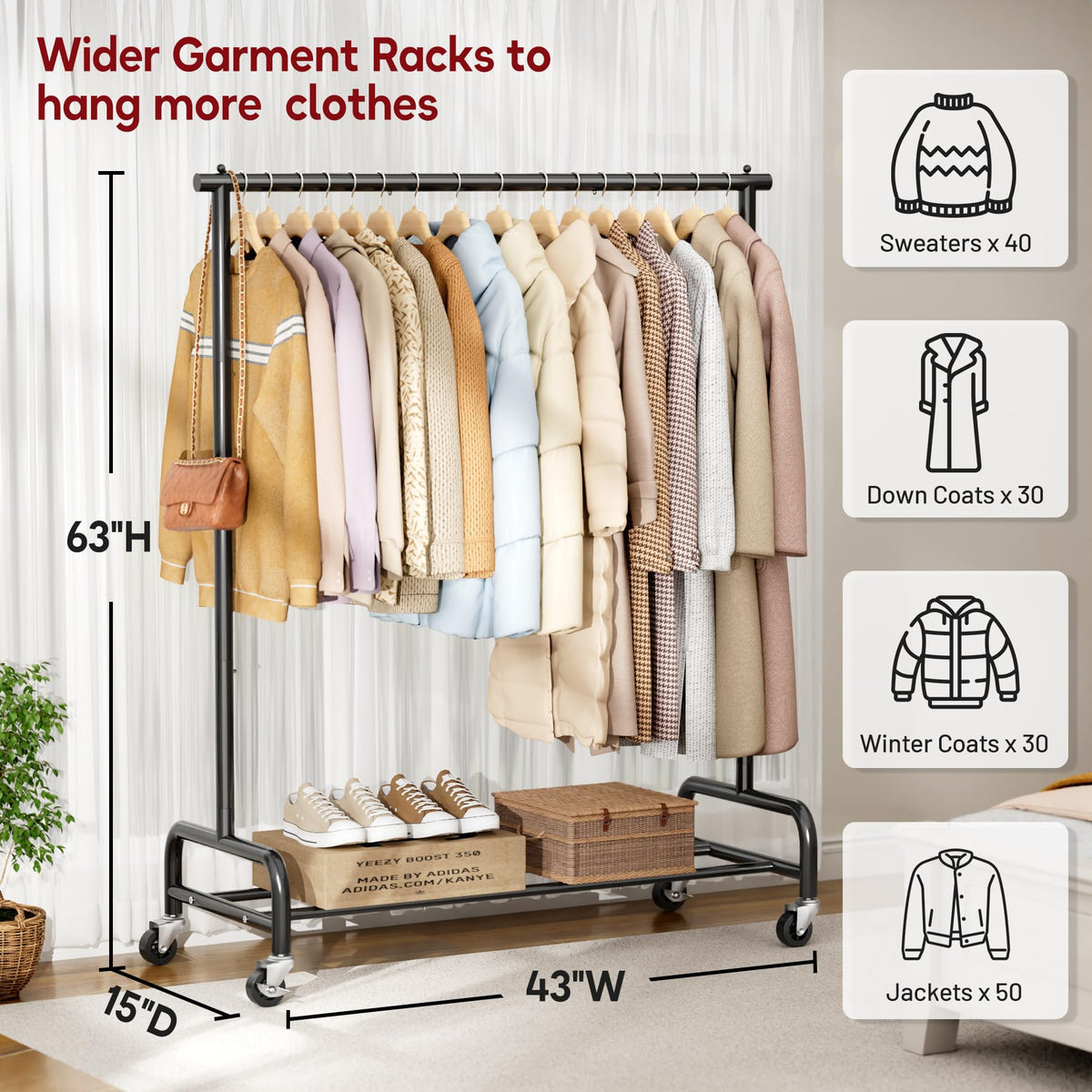 SLEEPING LAMB heavy-duty garment rack side view highlights sturdy 150 lb capacity.