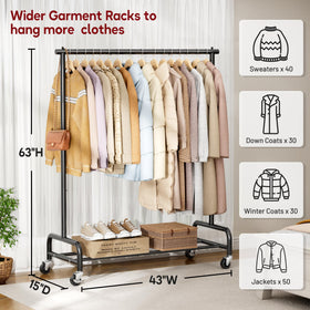 SLEEPING LAMB heavy-duty garment rack side view highlights sturdy 150 lb capacity.
