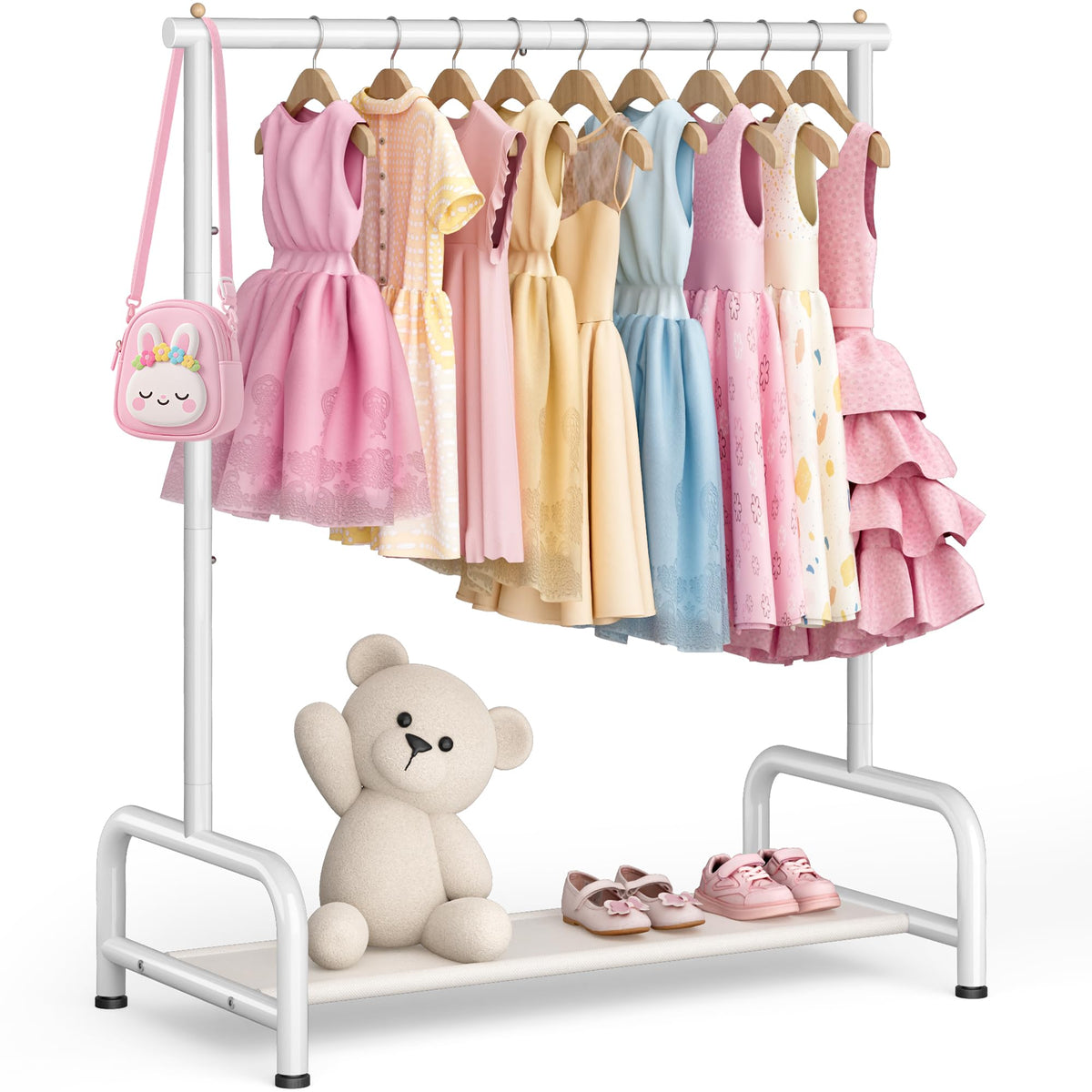 Sleeping Lamb kids clothing rack front view shows a stable base for easy reach.
