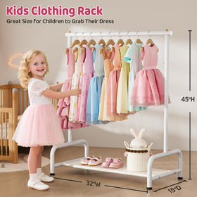 Sleeping Lamb kids clothing rack side view demonstrates tall height for dress up storage.